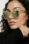 Cat-Eye (White &amp; Amber Marble, Gold Metal Temple, Olive Mirror Lens)