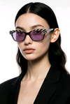 Retro Cat-Eye Sunglasses — Black &amp; White Stripe with Violet Lens  Description: