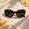 Crystal-Embellished Cat-Eye Sunglasses — Black with Rhinestone Trim