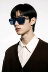 Square Sunglasses — Navy Blue with Checkered Temple Detail