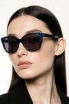 Square Sunglasses — Black with Striped Blue Emblem Detail