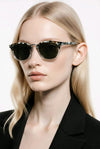 Round Browline Sunglasses — Grey Tortoise with Crystal Base