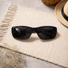 Rectangular Sunglasses — Glossy Black with Marbled Temple Detail