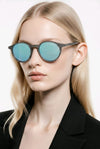 Round Sunglasses — Woodgrain Frame with Mirrored Blue Lens