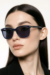 Square Sunglasses — Navy Blue with Textured Metal Temple Detail