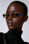 Rectangular Metal Sunglasses — Y2K Wing Temple Detail (Silver, Navy &amp; Black)