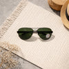 Aviator Sunglasses — Gunmetal with Green Lens and Textured Temple Detail