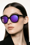 Round Sunglasses — Black with Berry Accent and Purple Mirrored Lenses