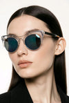 Round Browline Sunglasses — Crystal Clear with Teal Mirrored Lens